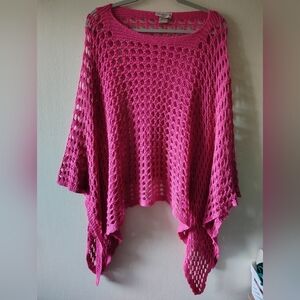 Notations Woman Pink Y2K Open Knit Boho One Size Poncho Shawl Top